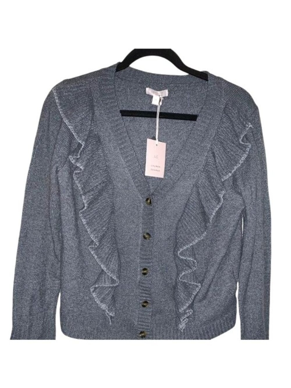 Lauren Conrad Ruffle Cardigan M Charcoal Gray Long Sleeve Recycled Polyester Wom